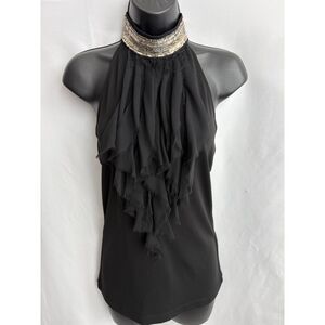 Royal Underground 100% Silk Black Halter Blouse Sequin Backless Classy Party XS